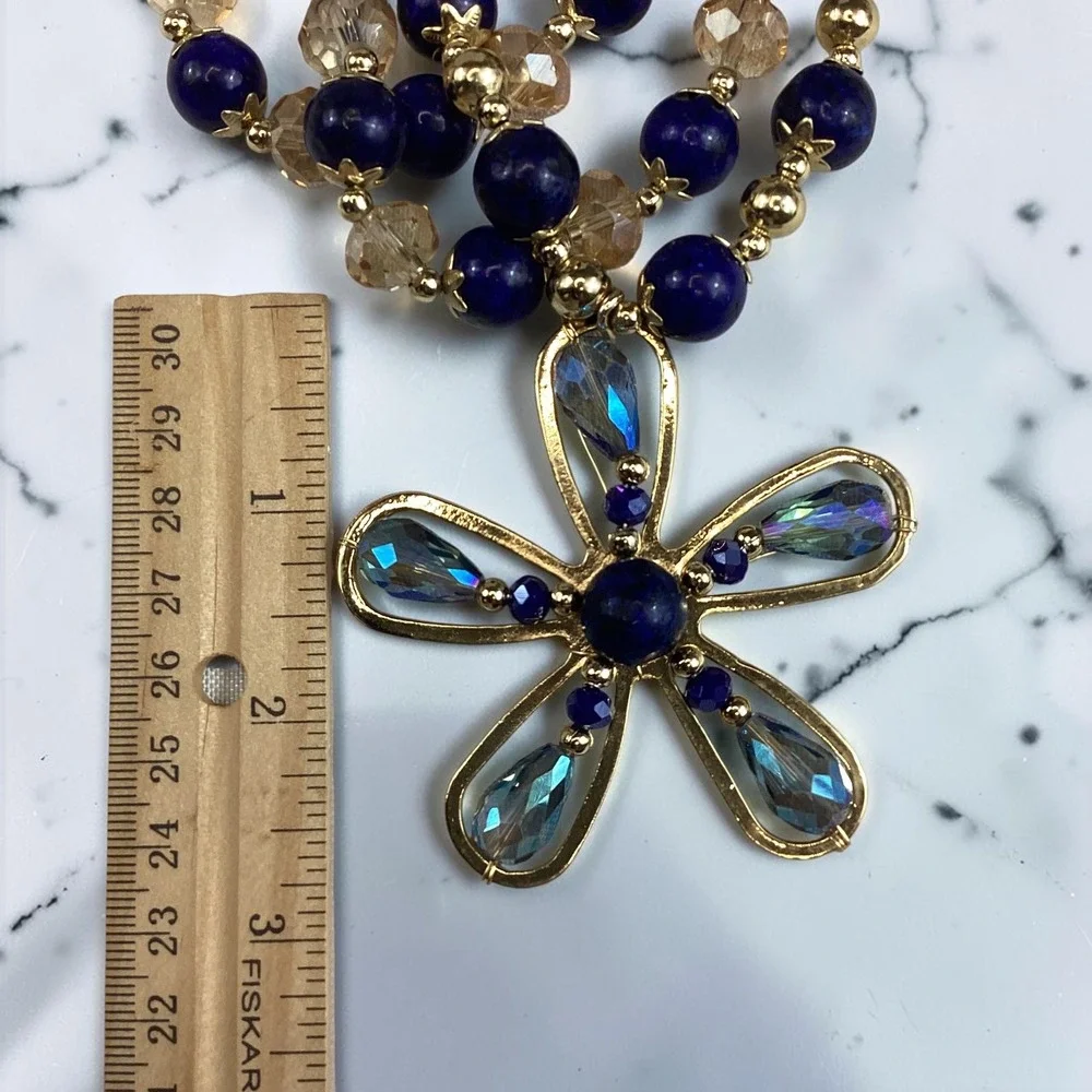 Handmade Mexican 3 Stretch Bracelets Lapis Lazuli Crystal Gold Flower Charm Blue